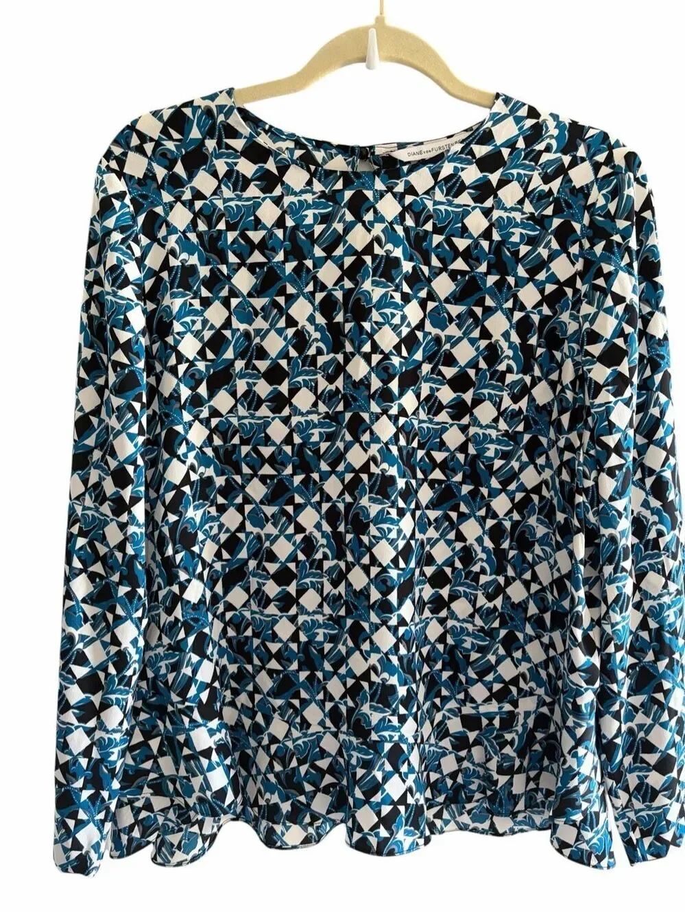 Diane Von Furstenberg Silk Blue Peacock Blouse Top Women’s Size 10 Medium
